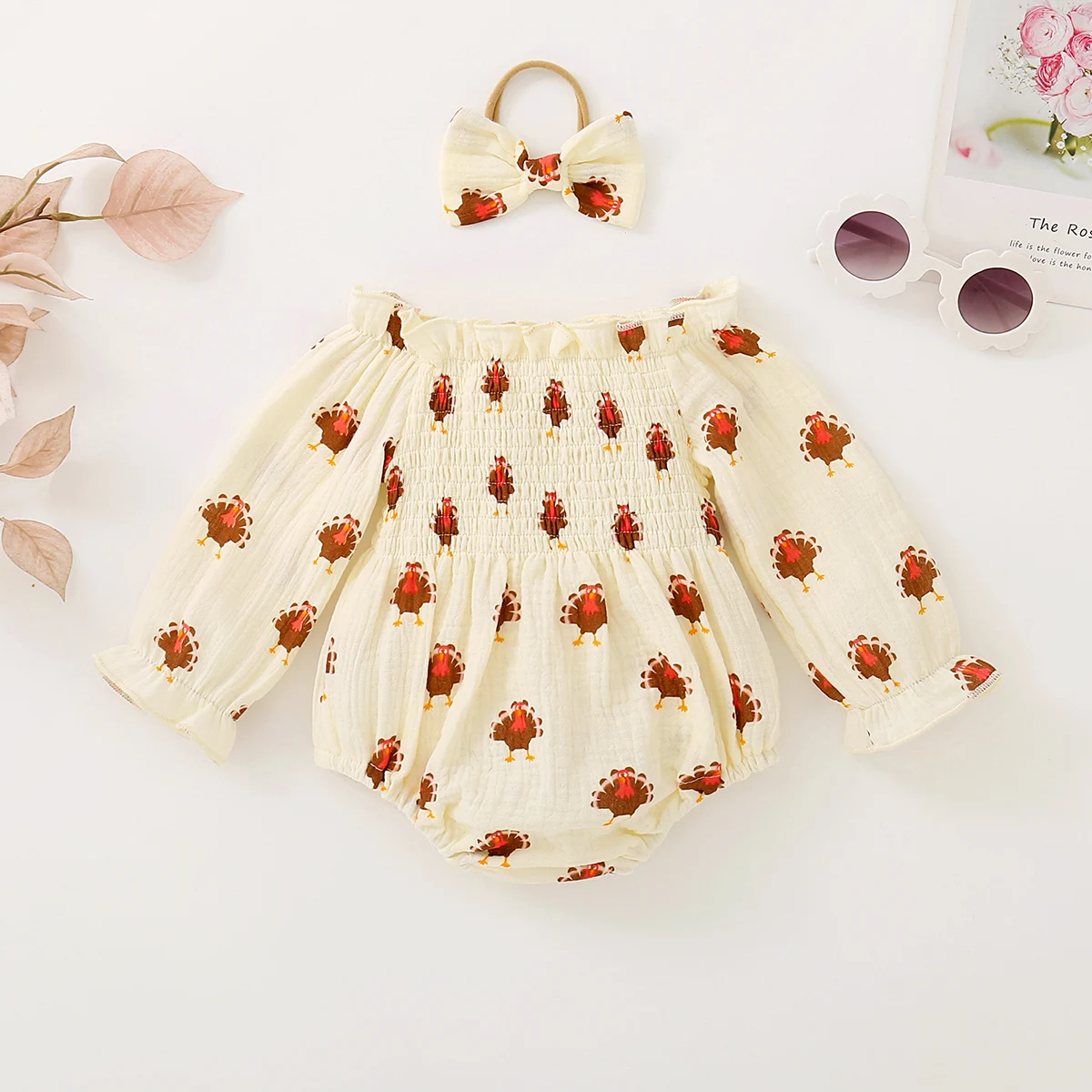 Spring Autumn Neutral Baby Turkey Embroidered Long Sleeve Harie with Butterfly Knot Headwear Thanksgiving Theme Baby Outfit