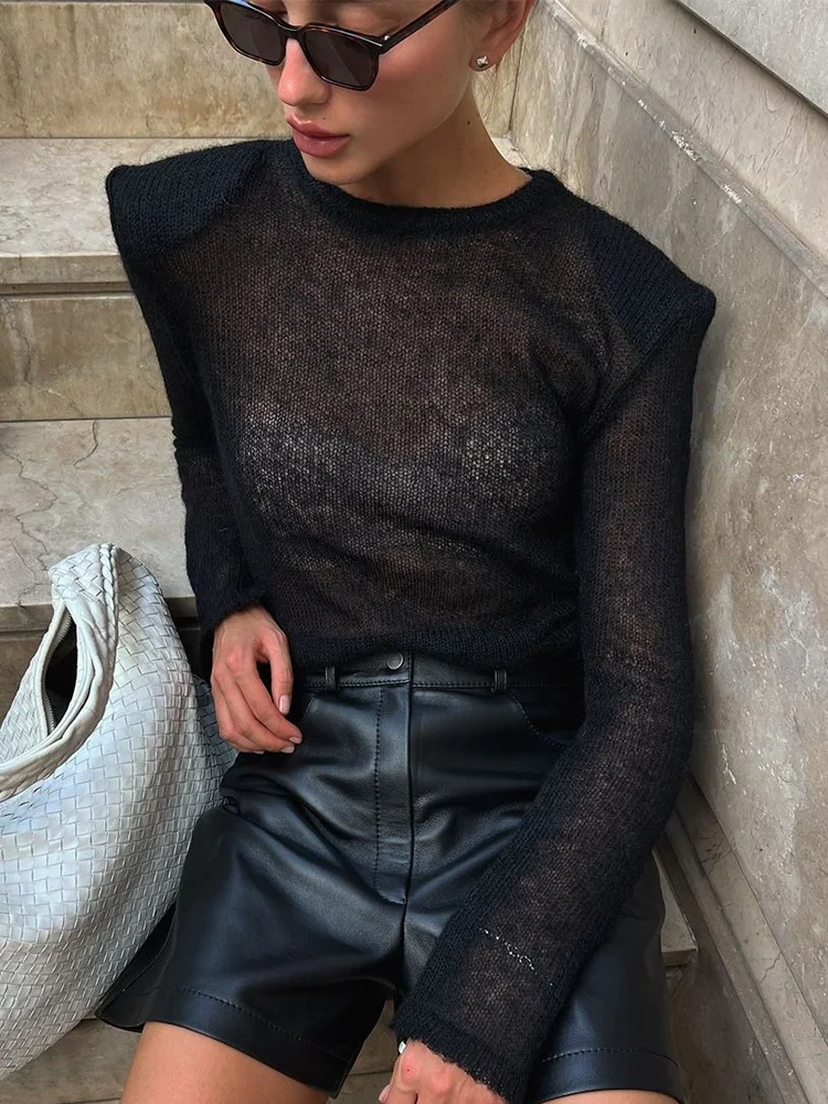 سترة محبوكة رفيعة برقبة دائرية أنيقة وأكمام طويلة بلوفر ضيق موضة خريف 2024 ملابس خارجية جديدة للسيدات للتنقل في الشارع #1