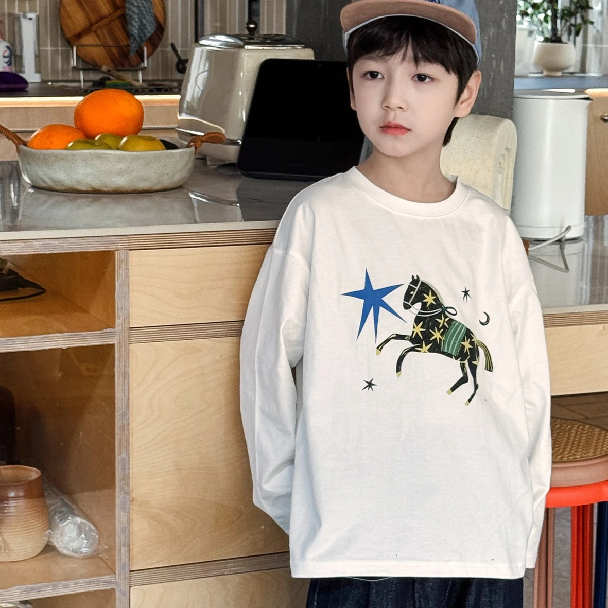 T-shirt 2026 Spring and Summer New Childrens Clothing Korean Style Boys and Girls Foreign Style Pony Print Long-sleeved T-shirt