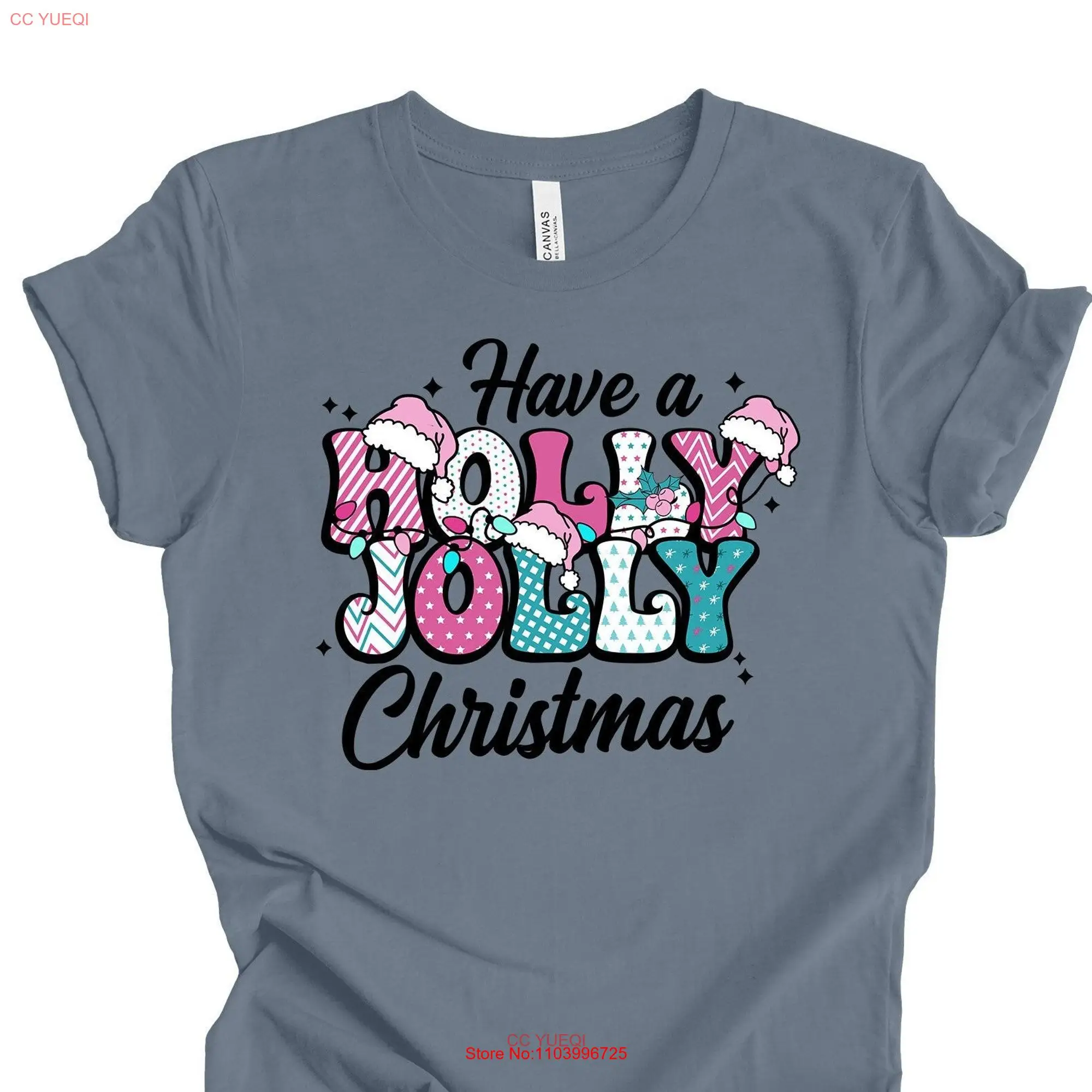 Christmas T Shirt Super Cute Holly Jolly Bright Pink Teal Design on premium cotton unisex plus sizes 2x 3x 4x