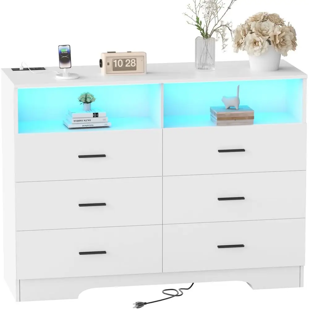 Wooden 6-Drawer Dresser with Power Outlets, LED Lights, and Large Organizer for Bedroom, Living Room, or Kids' Space