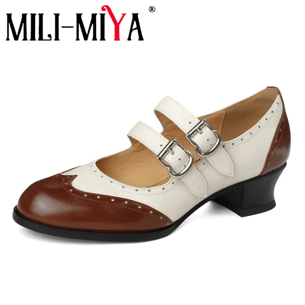 

MILI-MIYA/Новое поступление, классические женские туфли-лодочки из натуральной кожи с круглым носком, разноцветные туфли на толстом каблуке, большой размер 34–40, ручная работа