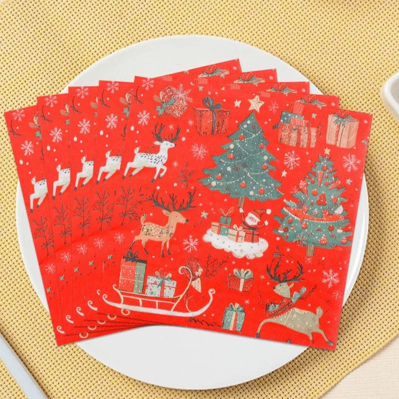 

10/20pcs 33cm 2Layer Christmas Red Oil Painting Style Napkins Party Atmosphere Paper Disposable Meal Mat DIY Decoupage Paper