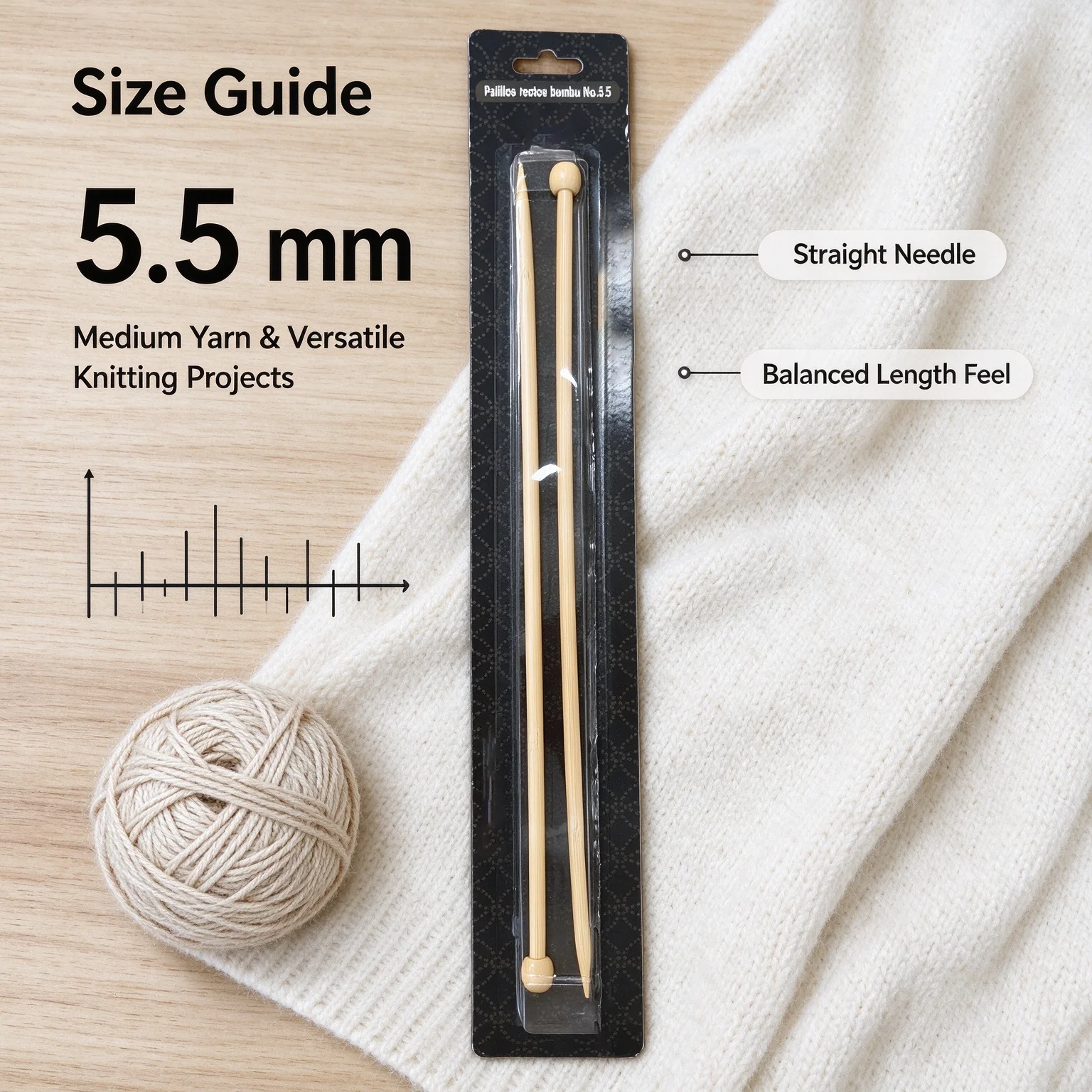 2Pcs/Set 2.5/5.5mm Bamboo Knitting Needles Single Pointed Knitting Needle For Beginners Handmade DIY Knitting Projects