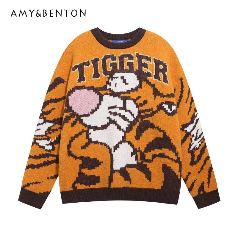 

Американский ретро забавный мультяшный жаккардовый пуловер с цветными блоками, свитер унисекс, осень-зима, универсальная свободная повседневная трикотажная куртка, топ