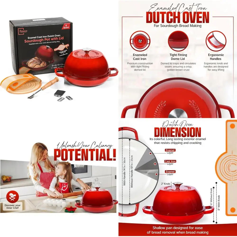 

10-дюймовая эмалированная чугунная голландская печь — идеально подходит для выпечки хлеба на закваске, запеканки и других моделей — включает в себя 5 лезвий хлеба