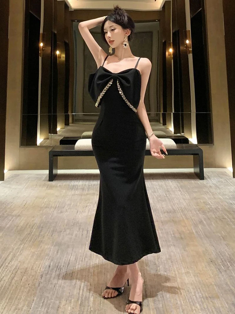 우아한 럭셔리 블랙 슬링 패션 맥시 드레스 여성용 리본 바디콘 머메이드 이브닝 파티 프롬 가운 로브 베스티도 여성 정장 신상