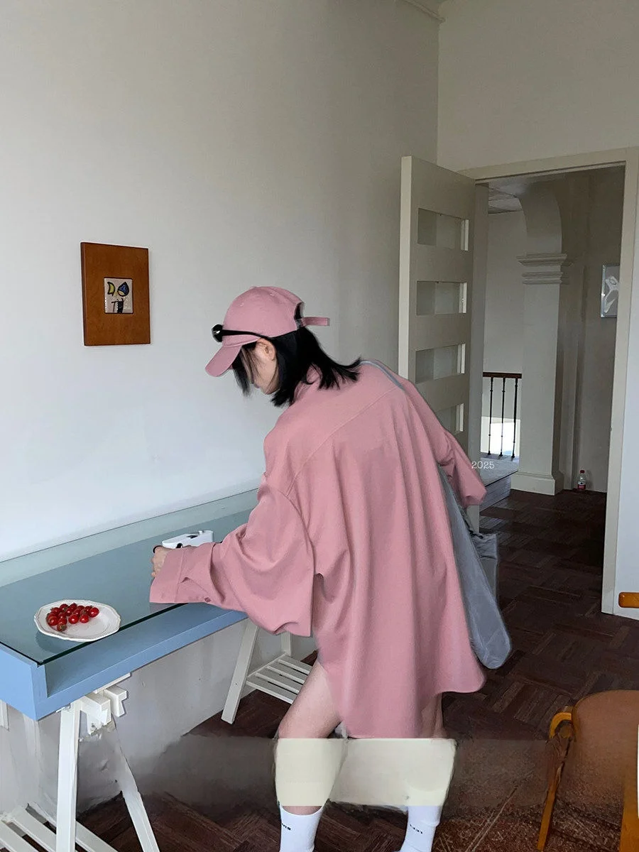 

JCCC Shadow Classic Loose Long Sleeve White Enhancing Pure Color Pink Shirt Simple Style Women's Premium Fashion Polyester Fiber