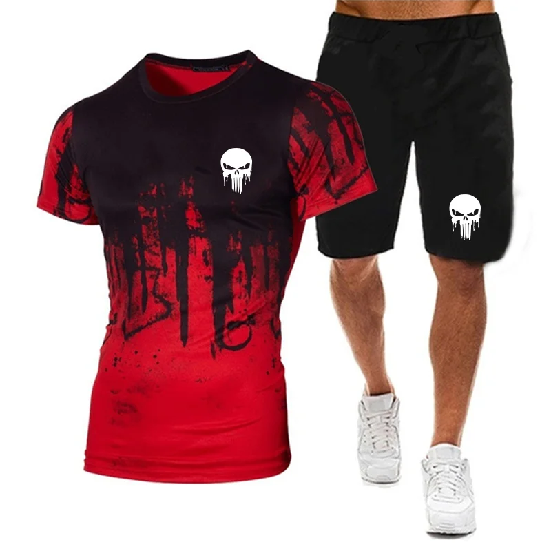 Men\'s Two Piece Summer New Gradient T-shirt and Shorts Set Fashionable Skull Print Street Wear Casual Sports Men\'s Clothing