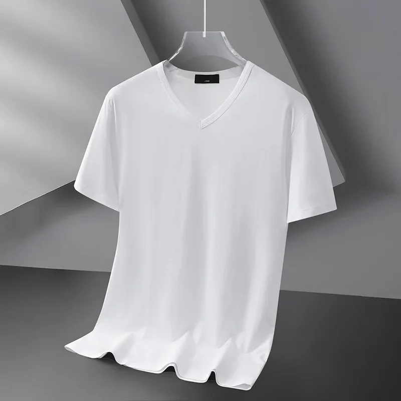 Modale Ice Silk Short Sleeve T-shirt Men's Summer Thin V-neck Pure Black Color Style Quick Dry Half Sleeve Body T-shirt Youth