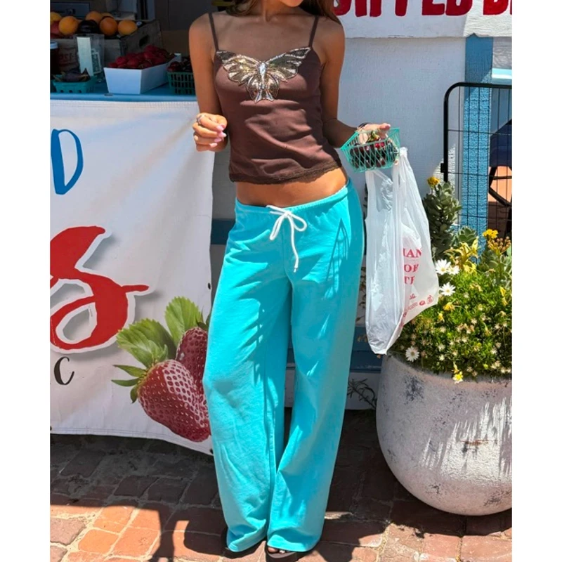 Cleanfit Straight Wide Leg Sweatpants for Women Cute Drawstring Elastic Low Rise Baggy Sweat Pants Solid Y2k Trousers