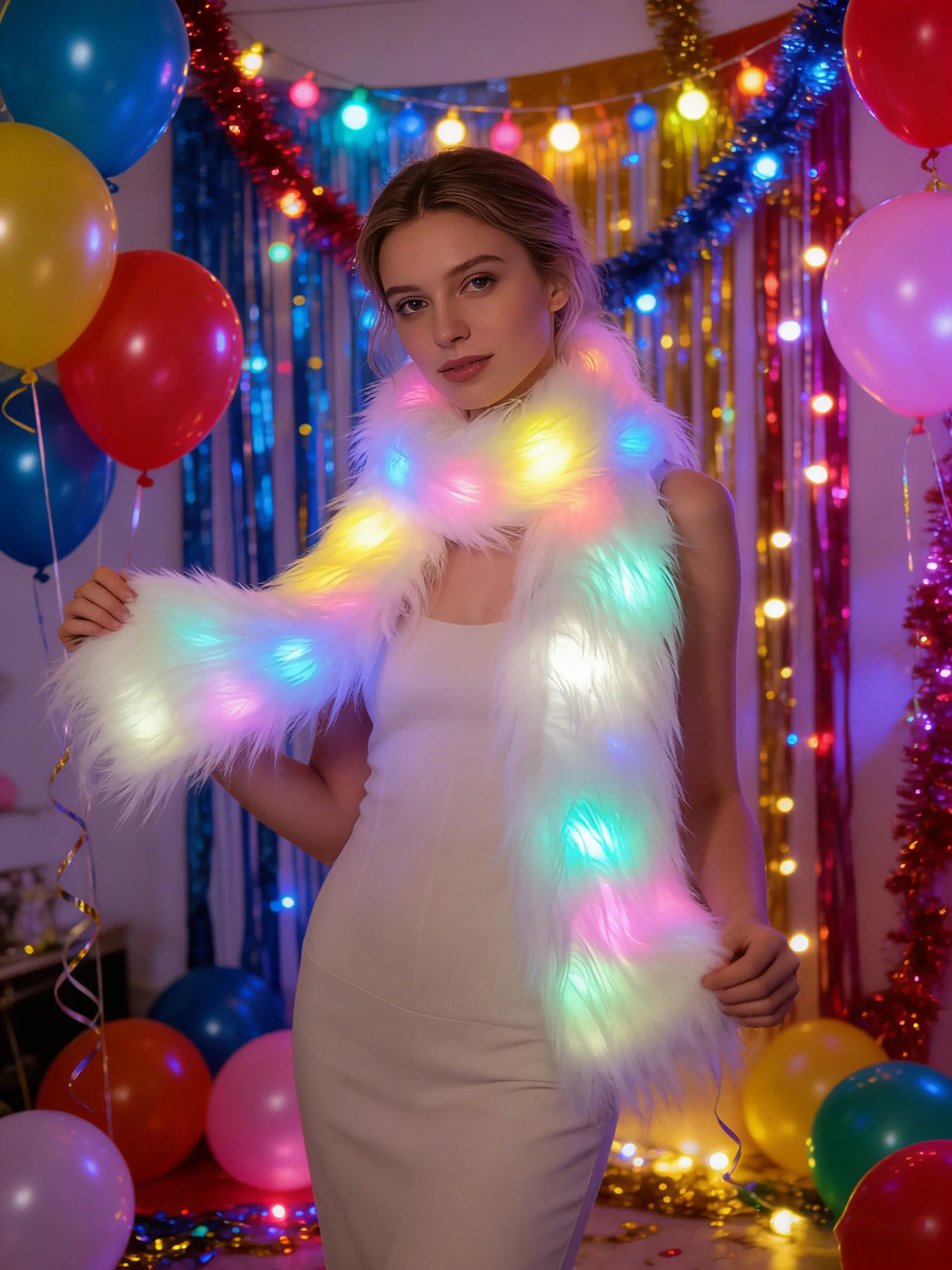 

Женский пушистый искусственный мех, утолщенные светодиодные фонари, крутой ночной костюм на Хэллоуин, шарф, осень-зима, длинные пончо, шарф, накидка из искусственного меха