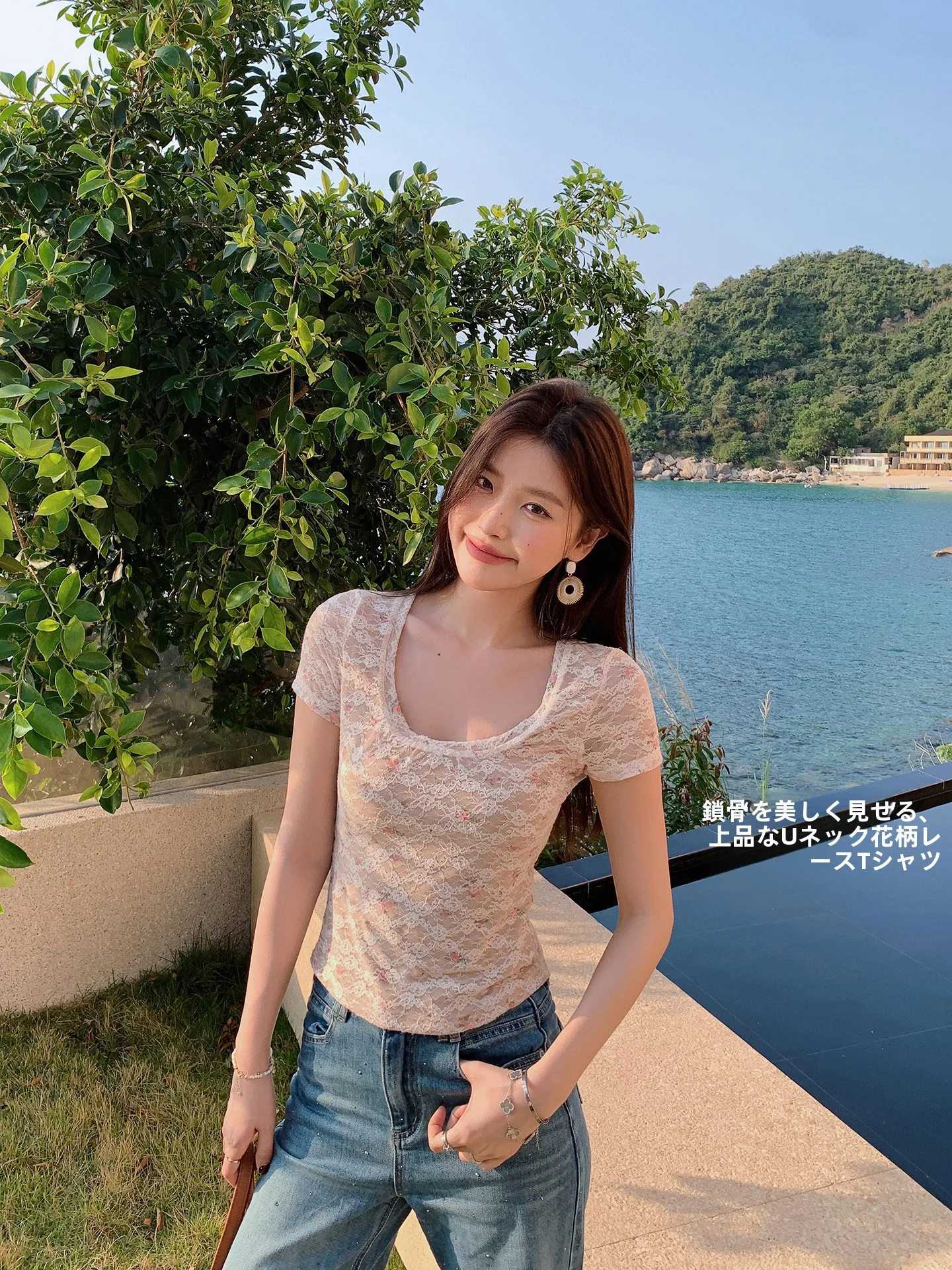 

Летняя кружевная рубашка MsDaoge с коротким рукавом и U-образным вырезом, женский топ, дышащий, приятный для кожи, с цветочным узором, высокая эластичность, стандартный крой