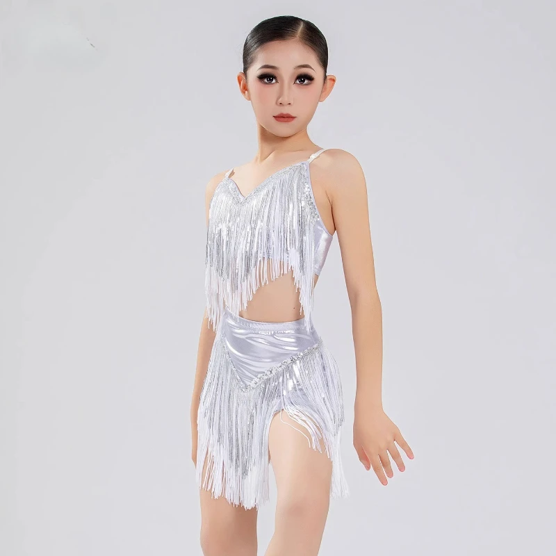2026 New Children's Latin Dance Costume High end Tassel Performance Dress Strap Sleeveless Training Dress