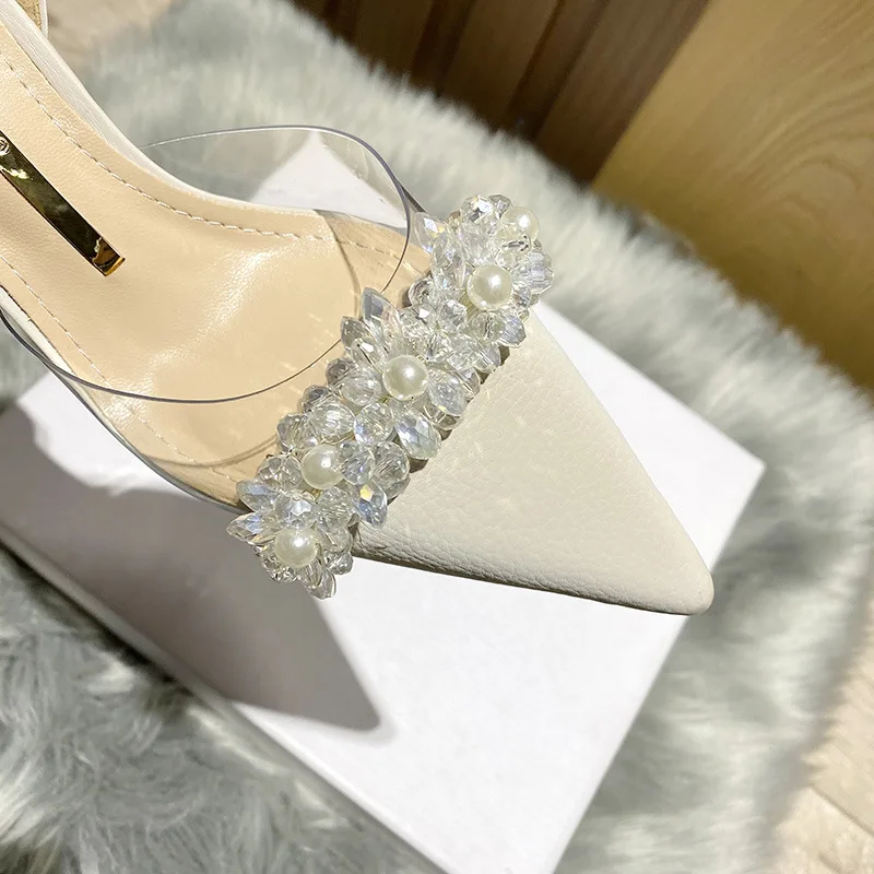 Summer Women Baotou Sandals 2025 New French Transparent Pointed Toe Crystal Stiletto Heel Sandals Pumps Zapatillas Mujer
