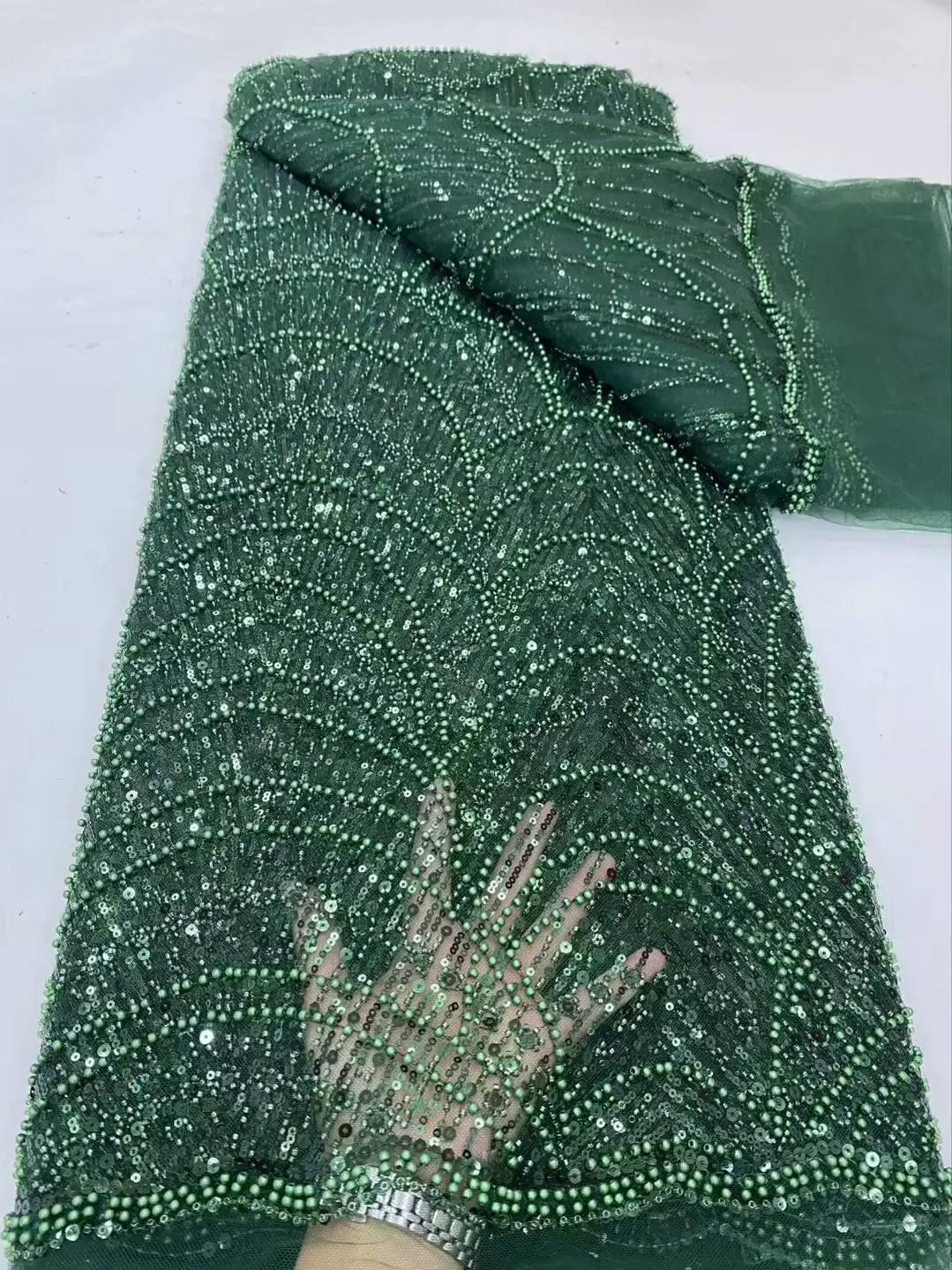 

Green French Mesh Lace Fabric Beads 2025 African Lace Fabrics Nigerian Mesh Sequins Lace Fabric For Diy Dresses Party Wedding
