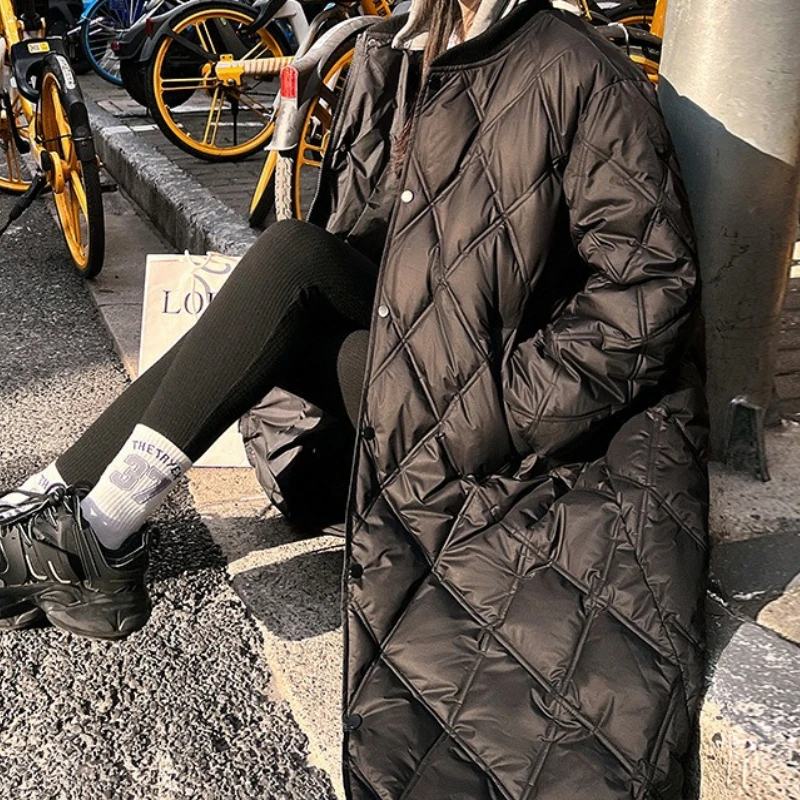 

2025 New Long Rhombus Over The Knee Down Cotton Clothes Hooded Thickened Warm Loose Men's and Women's Coats