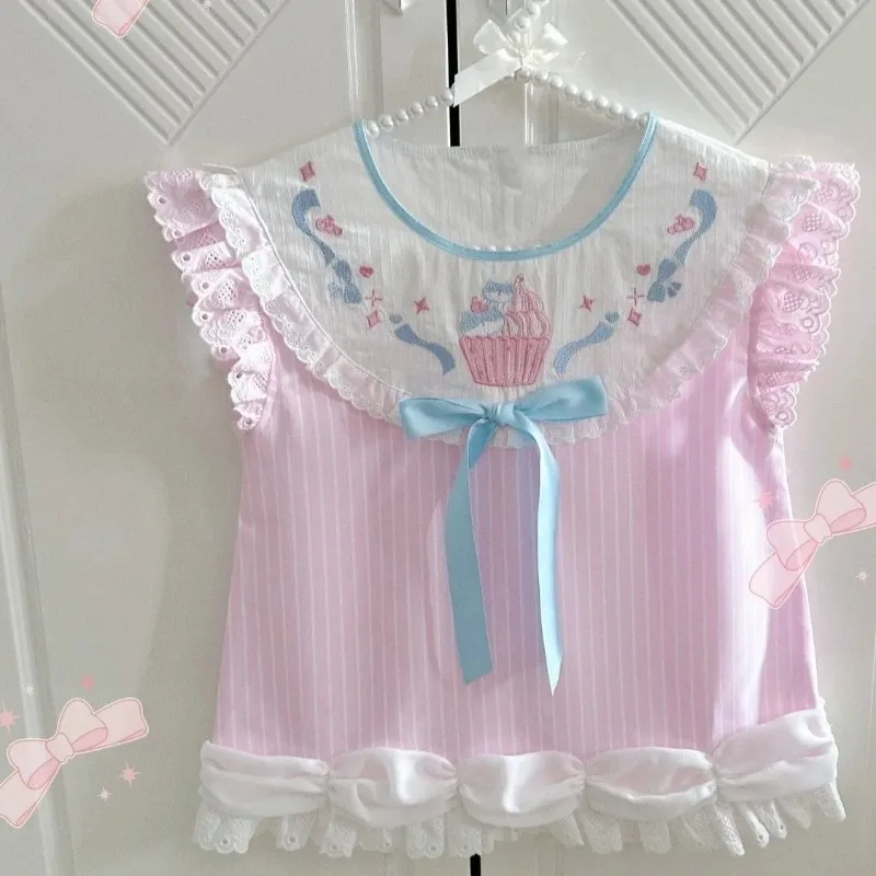 

Japanese Sweet Cartoon Print Tanks Women Cute Casual Vest Fashion Y2k Lace Kawaii Stripped Pink Embroidery Tops Summer 2024