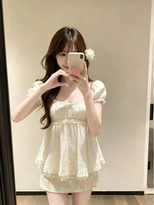 Summer Sweet Style  Knot Square Collar Bubble Sleeve Doll Top Women's Loose Slimming Floral Half Skirt Two Piece Set