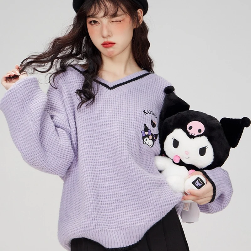 Cute Cartoon Kuromi Embroidery Knitted Sweater Women College Style V Neck Tops Girls My Melody Cinnamoroll Cute Sweet Pullover view 3