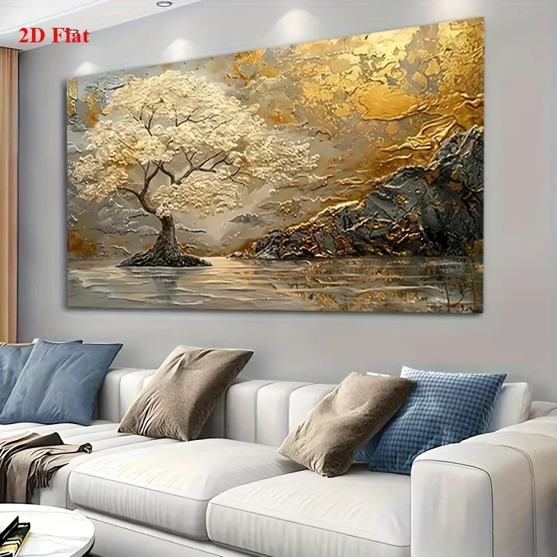 1pc frameless Canvas Painting Frameless Abstract Landscape Canvas,Peaceful Tree and Golden Sunset Design,Perfect Living Room Dec