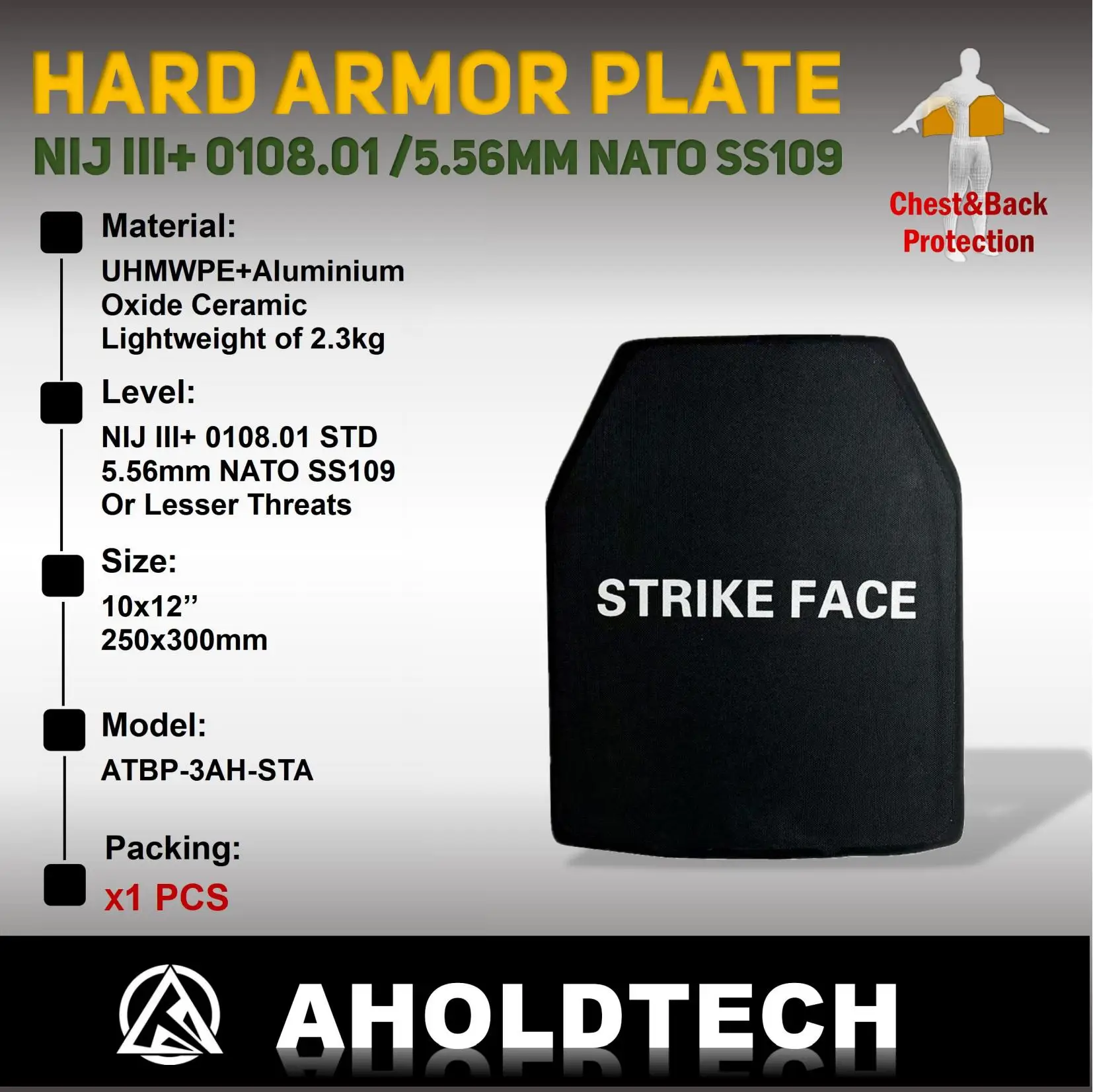 

Aholdtech Hard Armor Plate Aluminium oxide ceramic NIJ III+ Ballistic Vest Bulletproof Backpack Ballistic Board 10x12 Big Plates