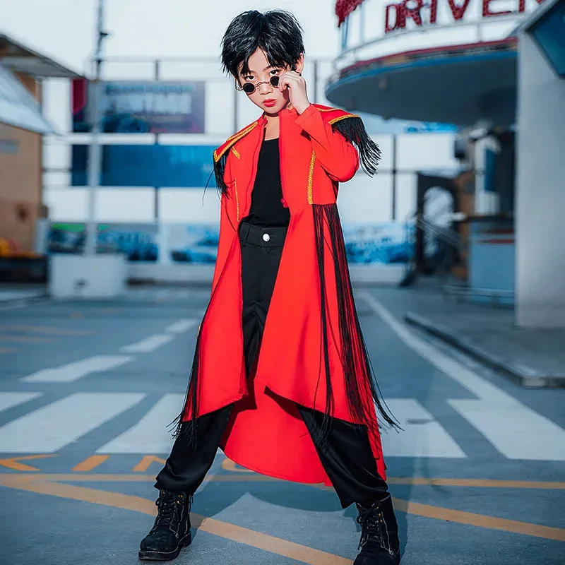 ZZL الأطفال المنصة المدرج عرض الأداء زي عباءة حمراء الصبي والفتاة الملابس الرقص الحضري بدلة أطفال K-pop الجاز الزي