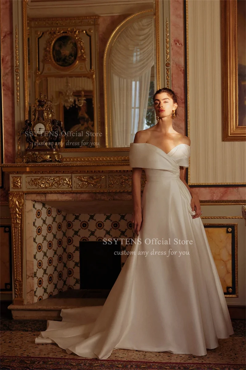 SSYTENS Elegant Off the Shoulder Wedding Dresses Floor Length Bride Dress Side Slit Good Quality Satin Bridal Gowns Customized