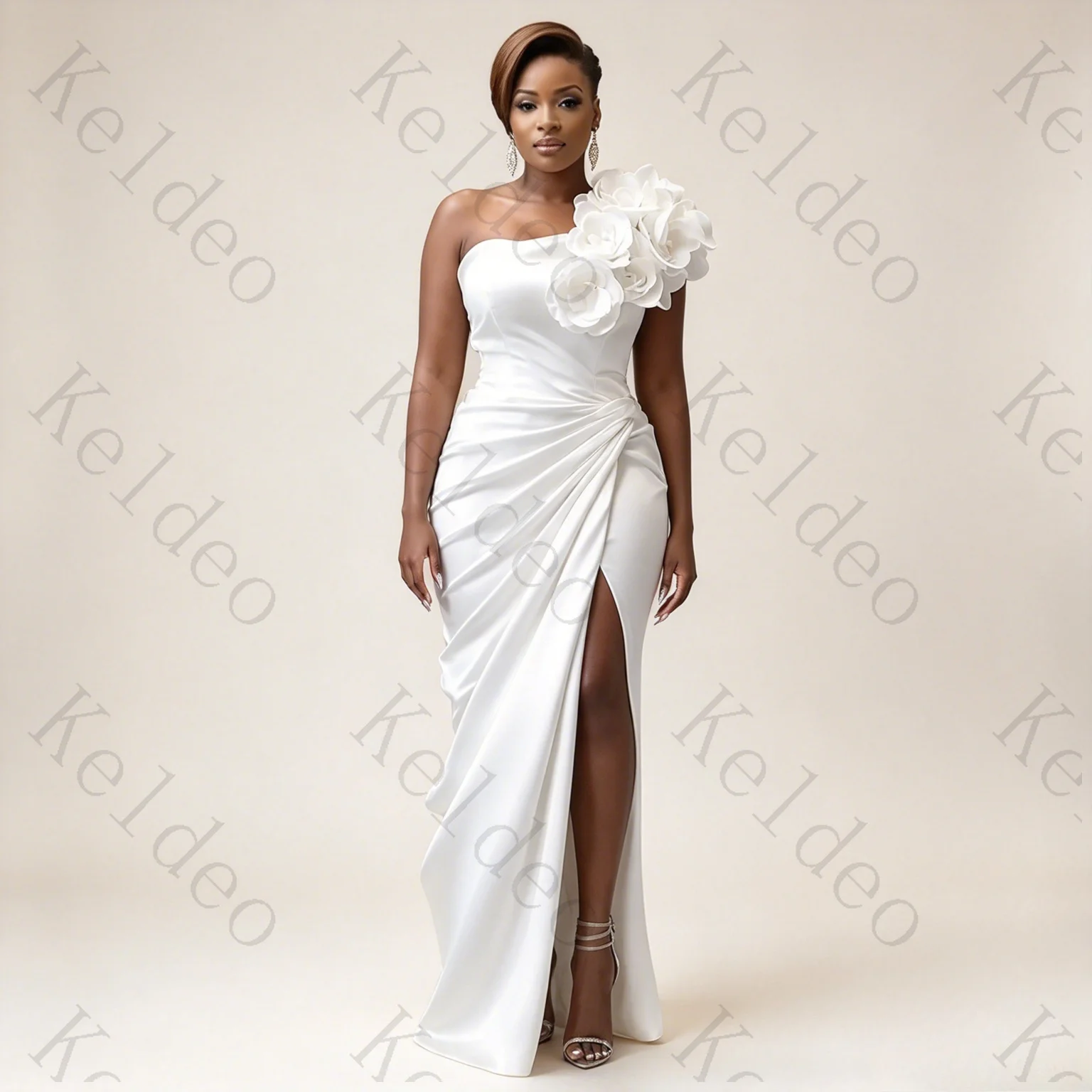 Customized Mermaid Sweetheart Sleeveless Wedding Dresses One-shoulder Side Slit Flowers Pleat Open Back Floor Length Bride Gowns