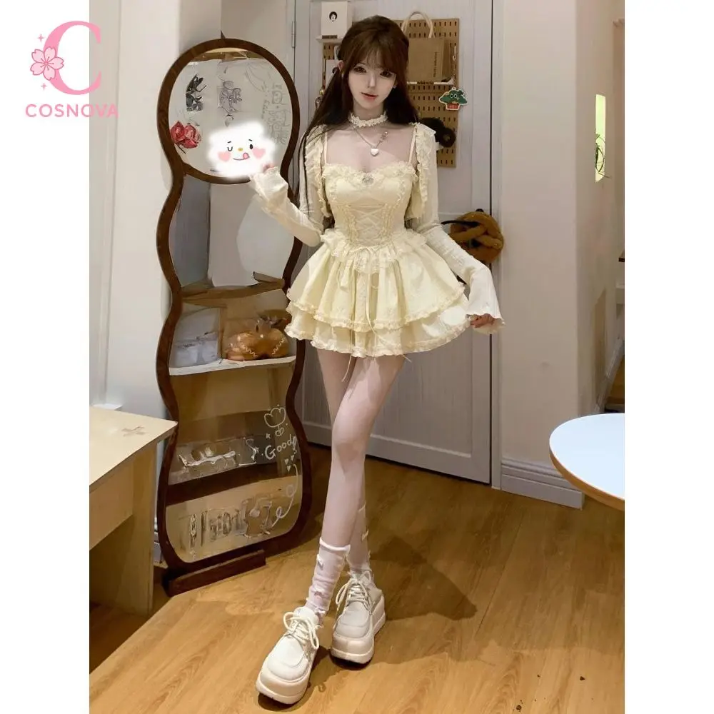 Sweet Lolita Camisole Dress Set Women Lace Trim Puff Sleeve High Waist Corset Ruffle Tiered Mini Dress Tea Party Kawaii Outfit view 4