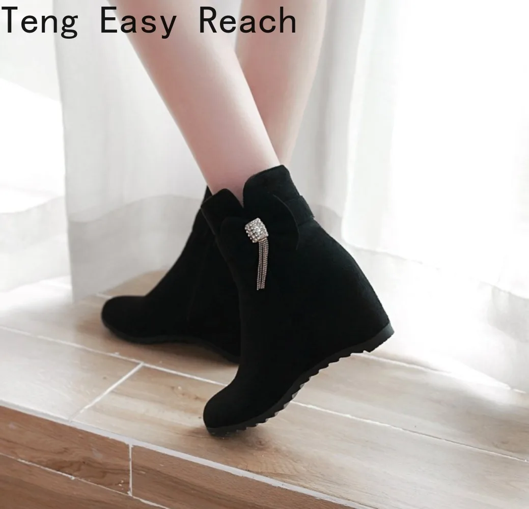 Sexy Red Women Ankle Boots Round Toe Wedges High Heel 6cm Flock Suede Big Size 42 43 Black Female Booties