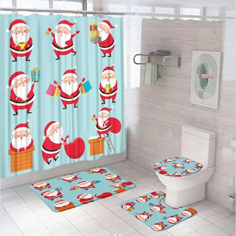 

HKL22Забавный Санта-Клаус, мультяшная свинья, наборы занавесок для душа, рождественская елка, декор для ванной комнаты, рождественские коврики для ванной, нескользящий ковер, Toil3Lh!