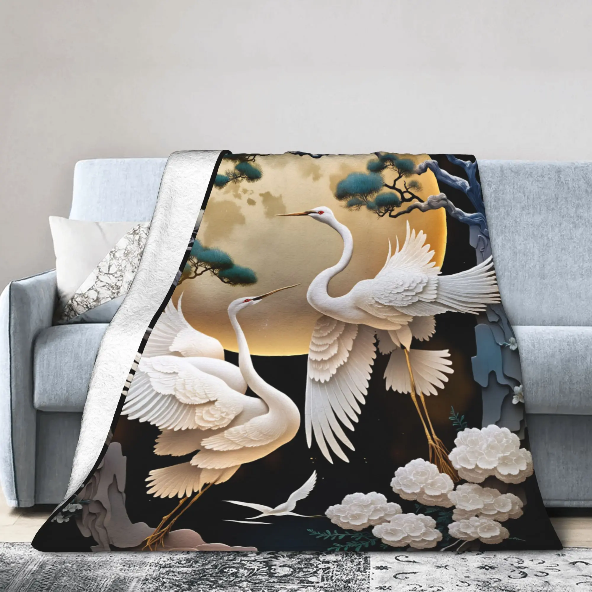 Chinese Style Crane Plush Blanket Children  Flannel Throw Blanket For Living Room Super Warm Custom DIY Quality Bedspread Gift