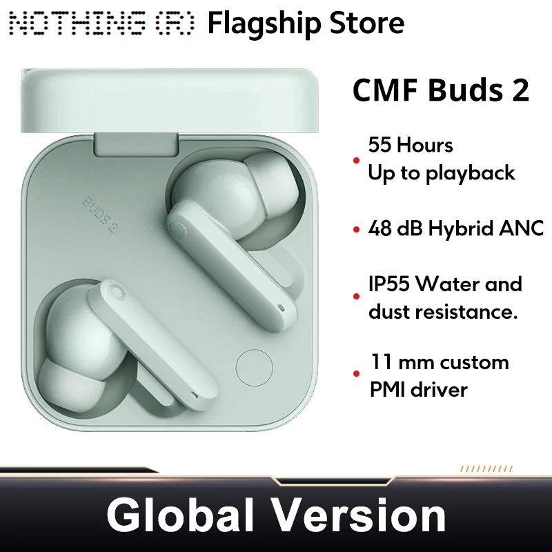 CMF Buds 2 Up to 13.5 hours of continuous playback 11mm PMI Driver with Dirac Opteo™48 dB Hybrid ANC 6-mics Clear Voice Tech