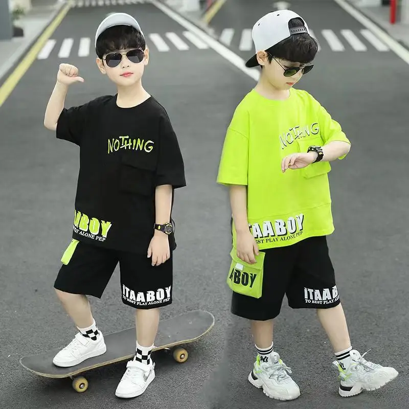 

2024 New Boys Summer Suit Baby Hip Hop Short Sleeve + Pants 2piece Children Cotton Sportswear Kid Boys Clothing Set Kids Outfuts