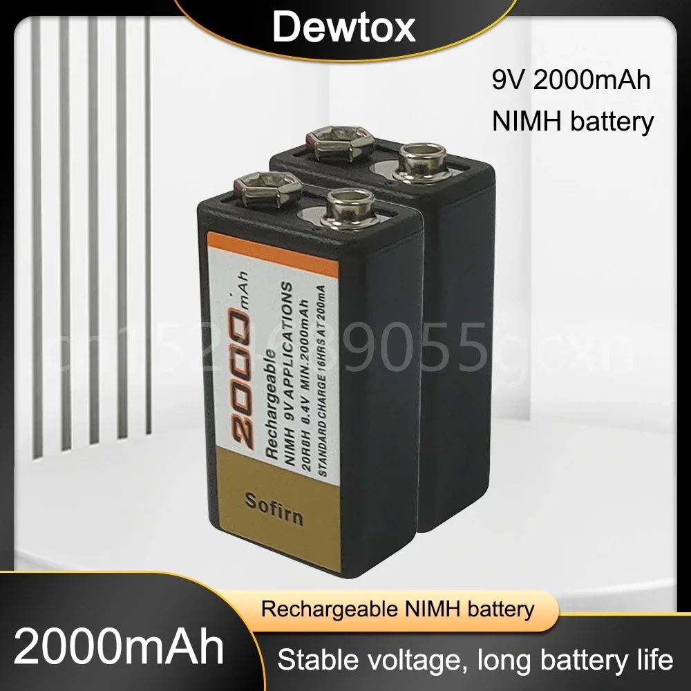 100% 오리지널 Sofirn 충전식 Ni-MH Nimh 배터리, 마이크 인터폰 연기 경보 자동차 완구용, 9V 2000MAh