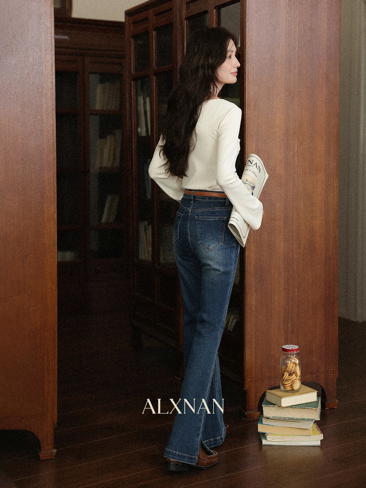 ALXNAN خمر الأزرق سبليت الجينز المرأة الخريف مستقيم القطن الدنيم السراويل عادية أنيقة عالية الخصر مكتب سيدة بنطلون L56975