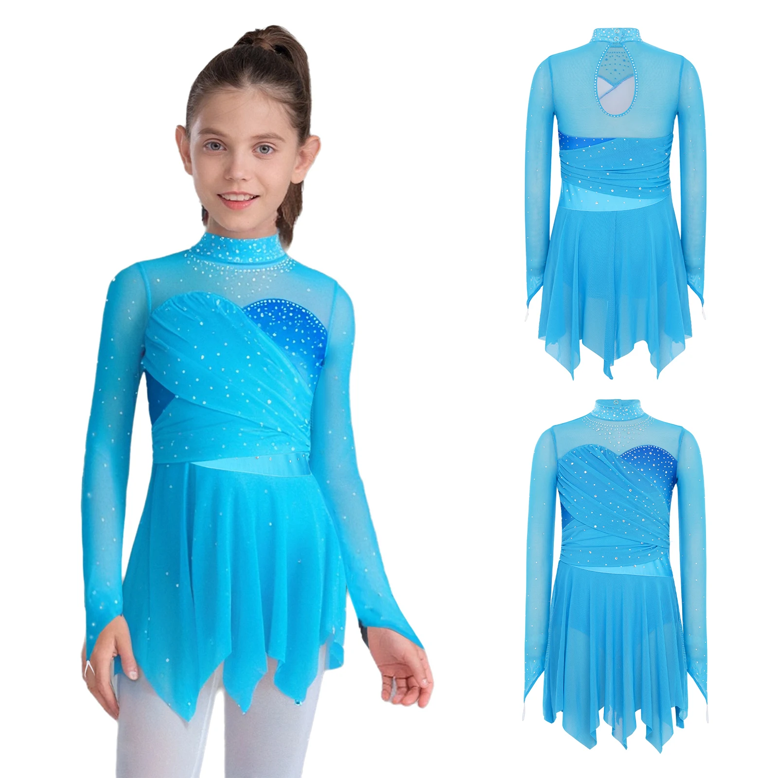 

Kids Girls Lyrical Dance Dress Figure Skating Rhythmic Gymnastics Costume Long Sleeves Shiny Rhinestones Mesh Ballet Leotards