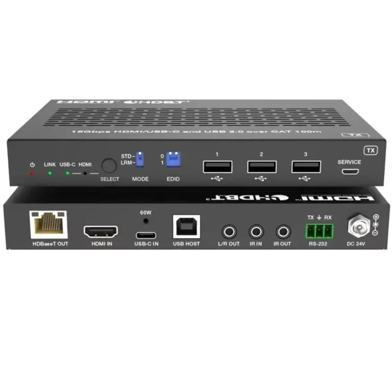 متوفر في المخزون 18 جيجابت في الثانية HDMI USB-C عبر HDBaseT 3.0 موسع يصل إلى 100 متر مع USB 2.0 يدعم التحكم في أوامر API لـ Sys المسرح المنزلي