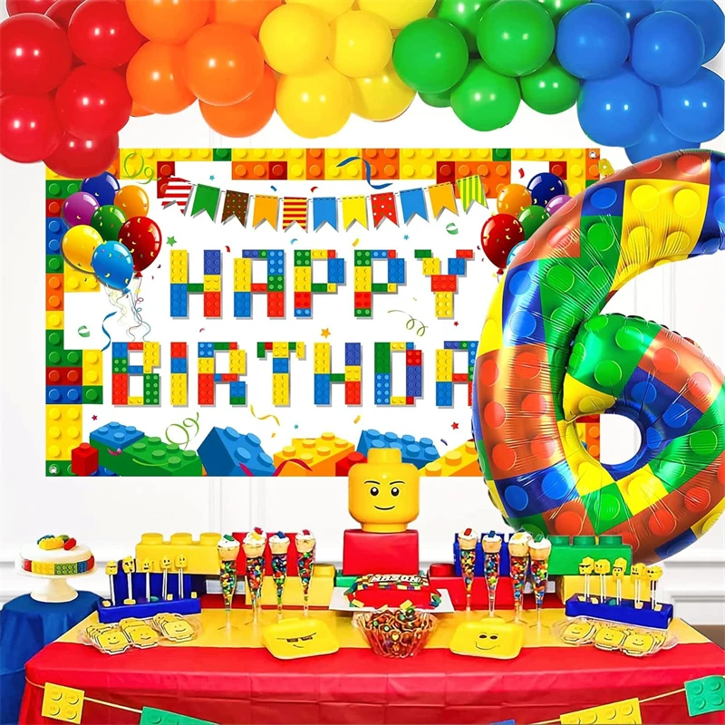 New Building Block Birthday Balloons Colorful Building Block Paper Plates Napkins Cups Party Decoration Kit Supplies Baby Shower