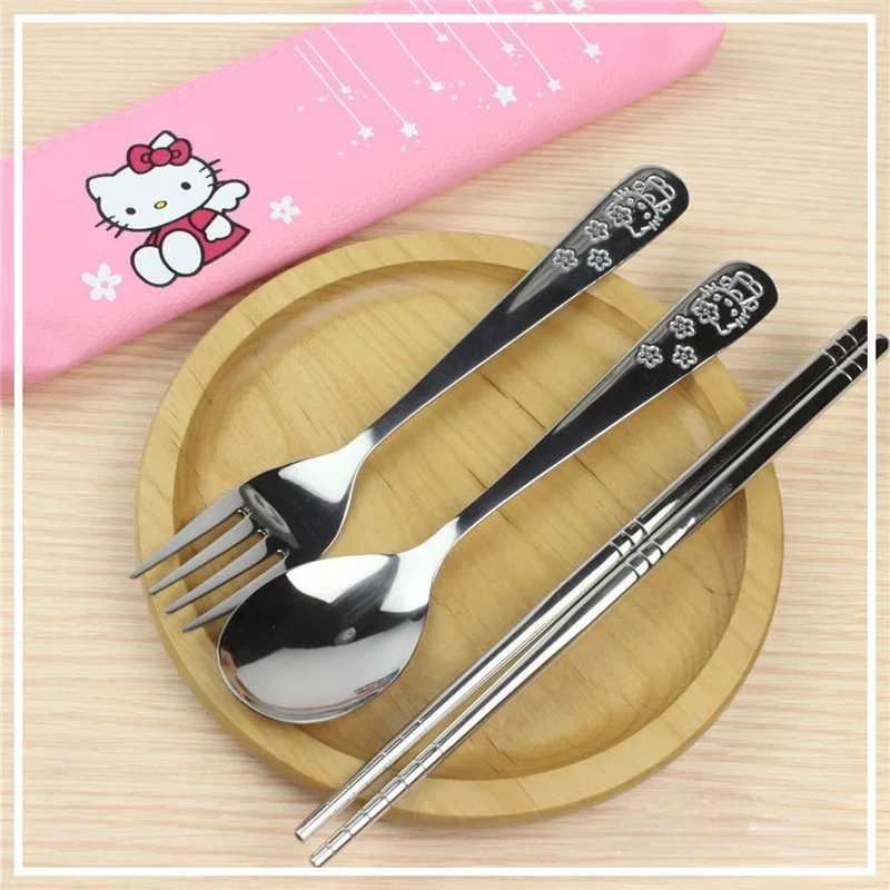 Hello Kitty Tableware Spoon Fork Chopsticks Set 304 Stainless Steel Kids Children Fork Baby Gadgets Feedkid Girls Cute Cutlery