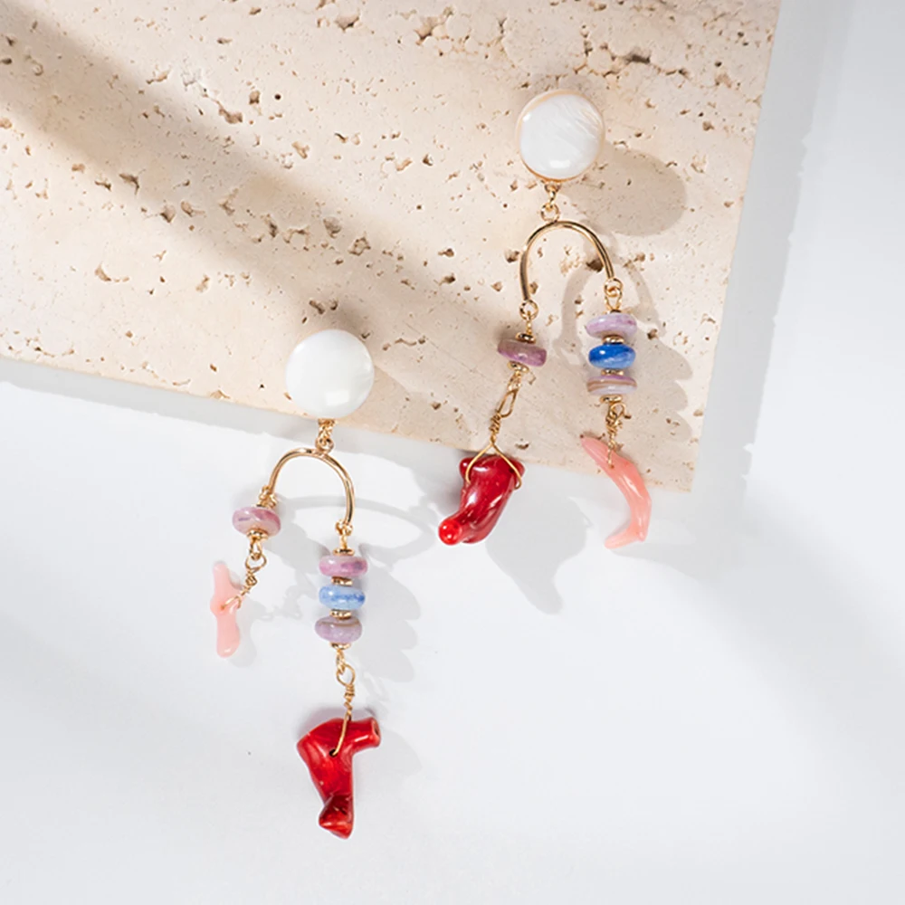 

Irregular Shape Coral Pendant Earrings Bohemian For Women Gold-color Hollow Geometric Beads Dangle Earrings Female Jewelry