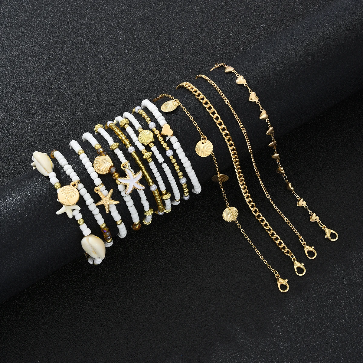 14Pcs/Set Bohemian Rice Beads Starfish Shell Anklet Sets for Women Retro Gold Color Multilayer Foot Chain Vacation Jewelry Gifts