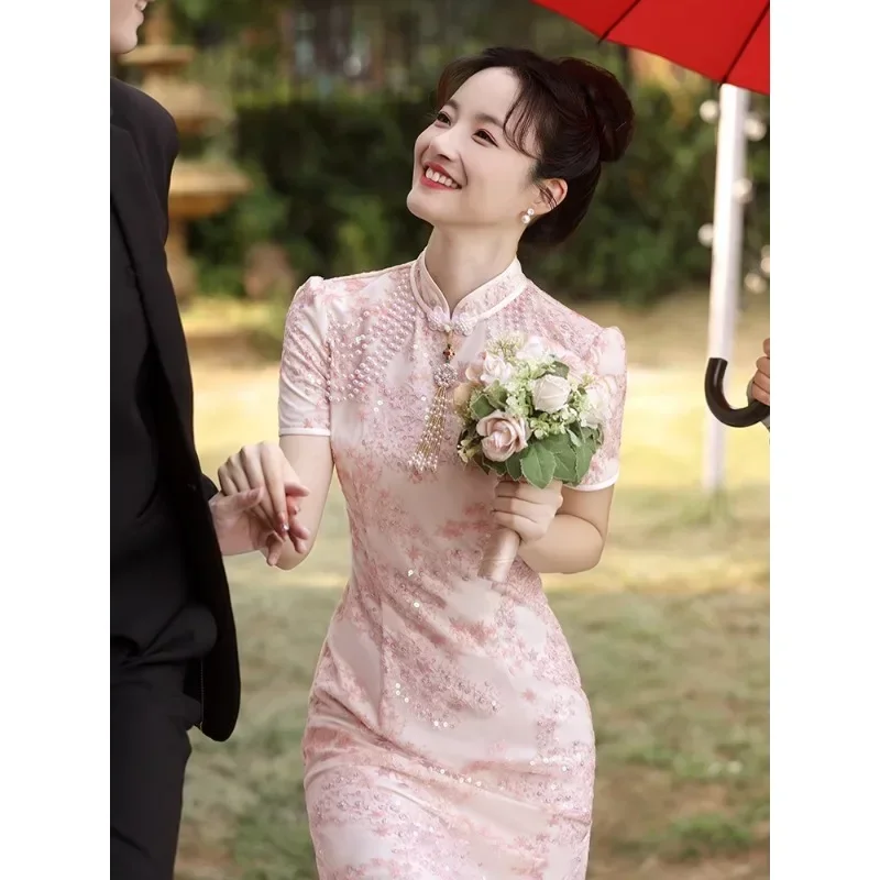 Luxe Roze Bridal Cheongsam Toast Jurk Chinese Jurk Vrouw Qipao Prachtige Parel Verfraaide Kant Pailletten Split Jurken