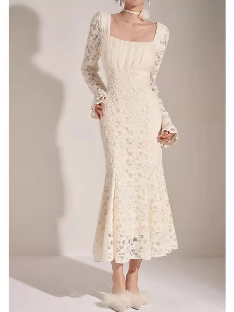 Apricot Lace Dress for Women Square Neck Long Sleeve Elegant Womens Clothing Evening Party Runway Design Vestidos Vintage