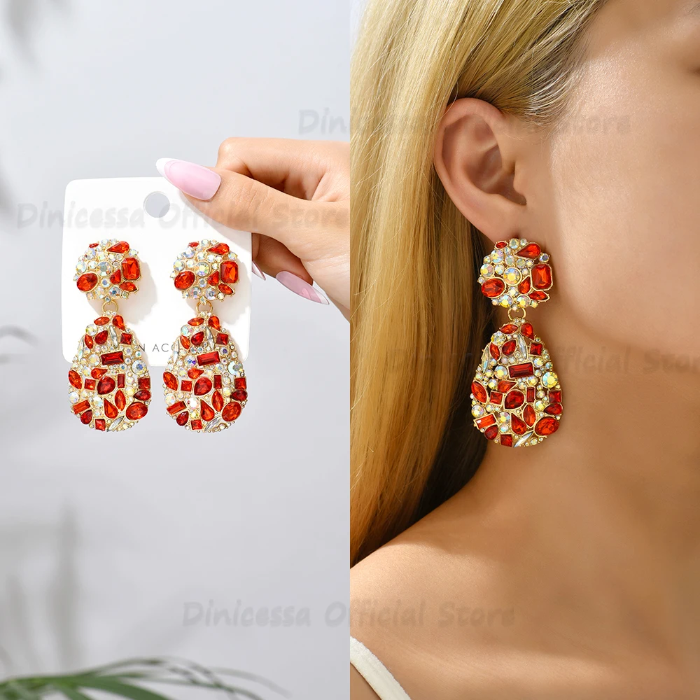 Vintage Teardrop Big Dangle Drop Earrings For Women Luxury Quality Colorful Crystal Unusual Pendientes Party Statement Jewelry