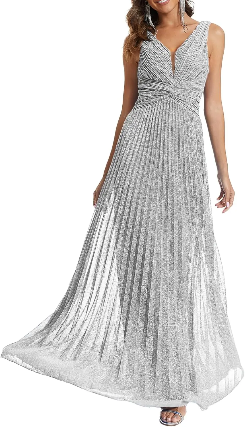 ชุดเดรสค็อกเทลสตรีคอวีเอวสูงจีบชุดราตรีแขนกุดเอ-ไลน์ชุดพร้อมเอวผูกชุดรับปริญญา