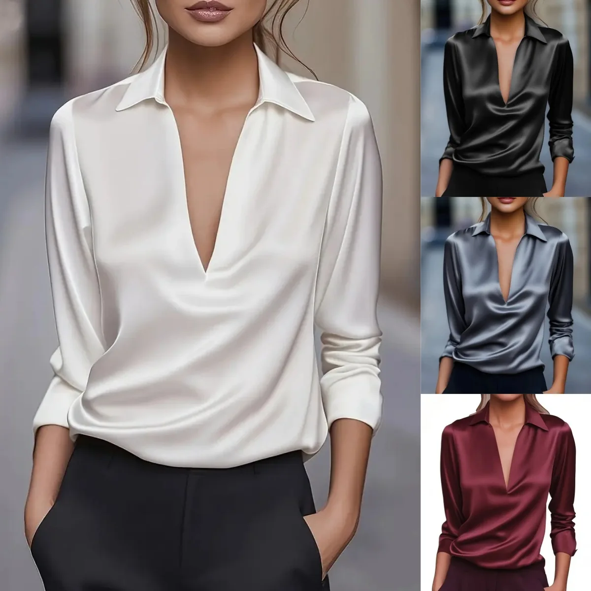 

Women Autumn Elegant Blouses and Shirts Long Sleeve V-neck Office Lady Business Wear Shirt Tops