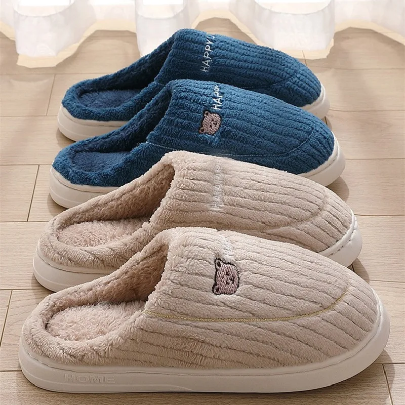 

Women Cotton Slippers Men Warm Slides Furry Flats Home Anti-Slip Comfortable Shoes Indoor Thick Sole Couples Winter Slipper