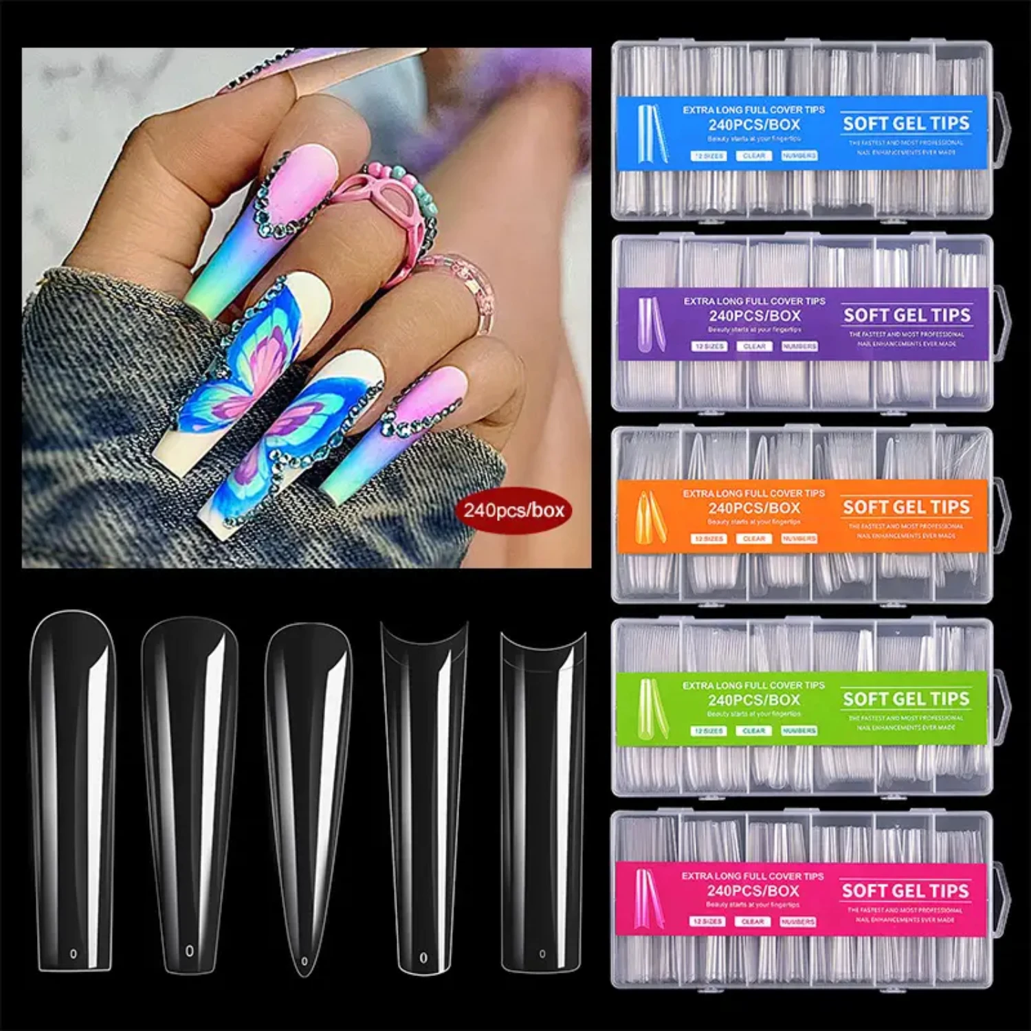 Prachtige, elegante en duurzame XXXL Full Cover Fake Nails Set - Doodskist Stiletto set met 240 stuks voor een onberispelijke en perfecte ma